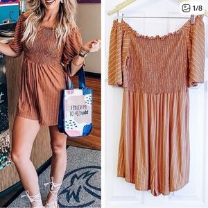 Audrey Brown Striped Off-Shoulder Mini Dress